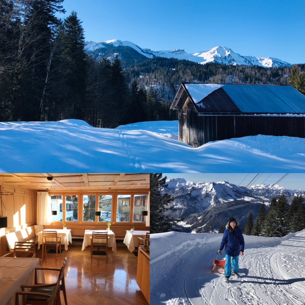 Bregenzerwald mit Winterwanderweg, Restaurant im Gasthaus Krone und Bettina Laude mit Schlitten auf der Rodelbahn in Bezau