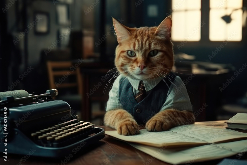 Katze sitzt im Business Outfit vor einer Schreibmaschine und arbeitet